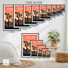Joshua Tree National Park wall art poster size guide with desert landscape illustration