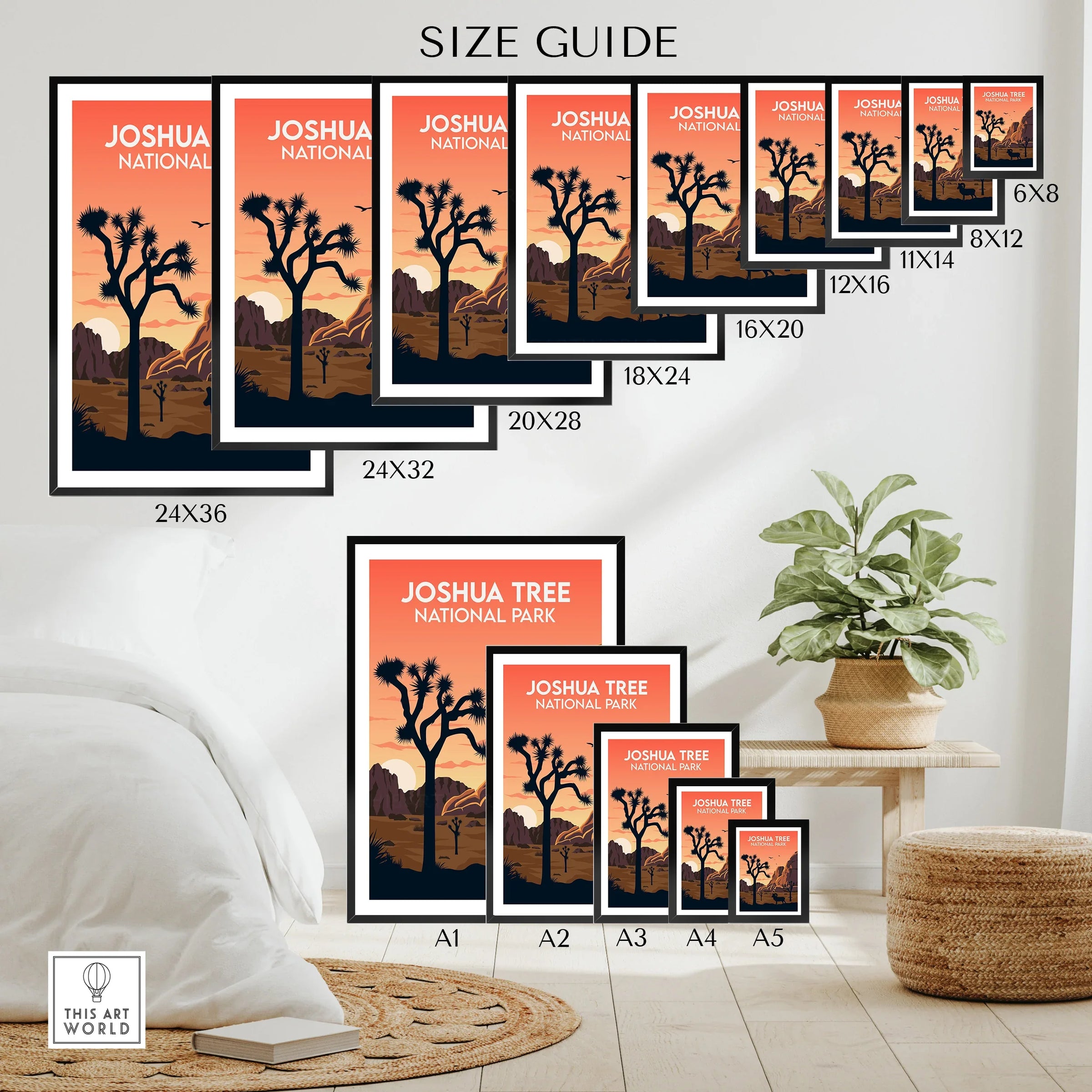Joshua Tree National Park wall art poster size guide with desert landscape illustration