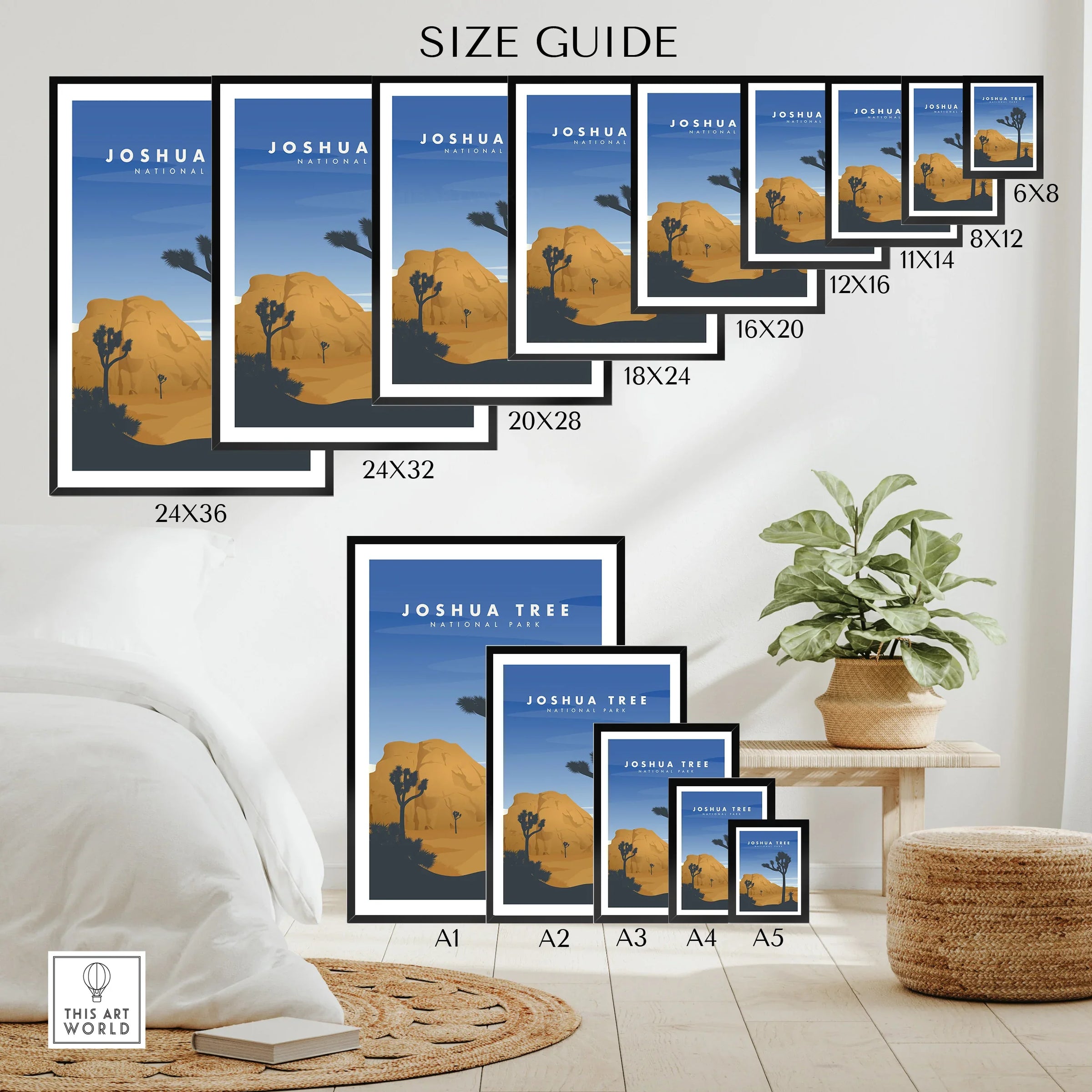 Joshua Tree National Park wall art poster size guide showing various print sizes in a modern home setting.
