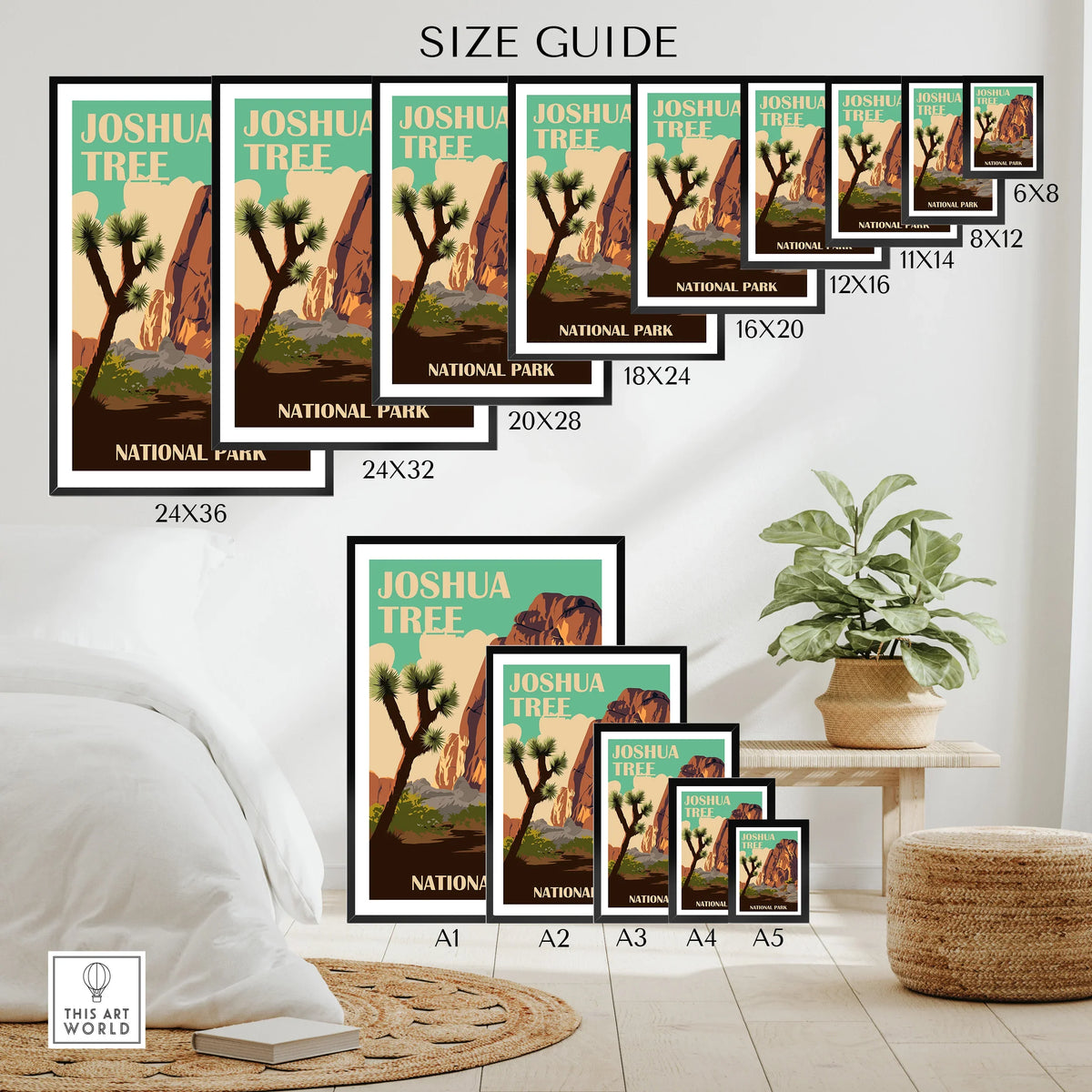 Joshua Tree National Park poster size guide showing various wall art print dimensions in a modern room.