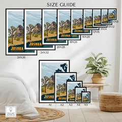 Joshua Tree National Park art print size guide showing various poster dimensions on a wall.