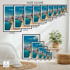 Kalamata Greece Wall Art Print | Mediterranean Seaside Town Travel Poster Size Guide showcasing print dimensions.