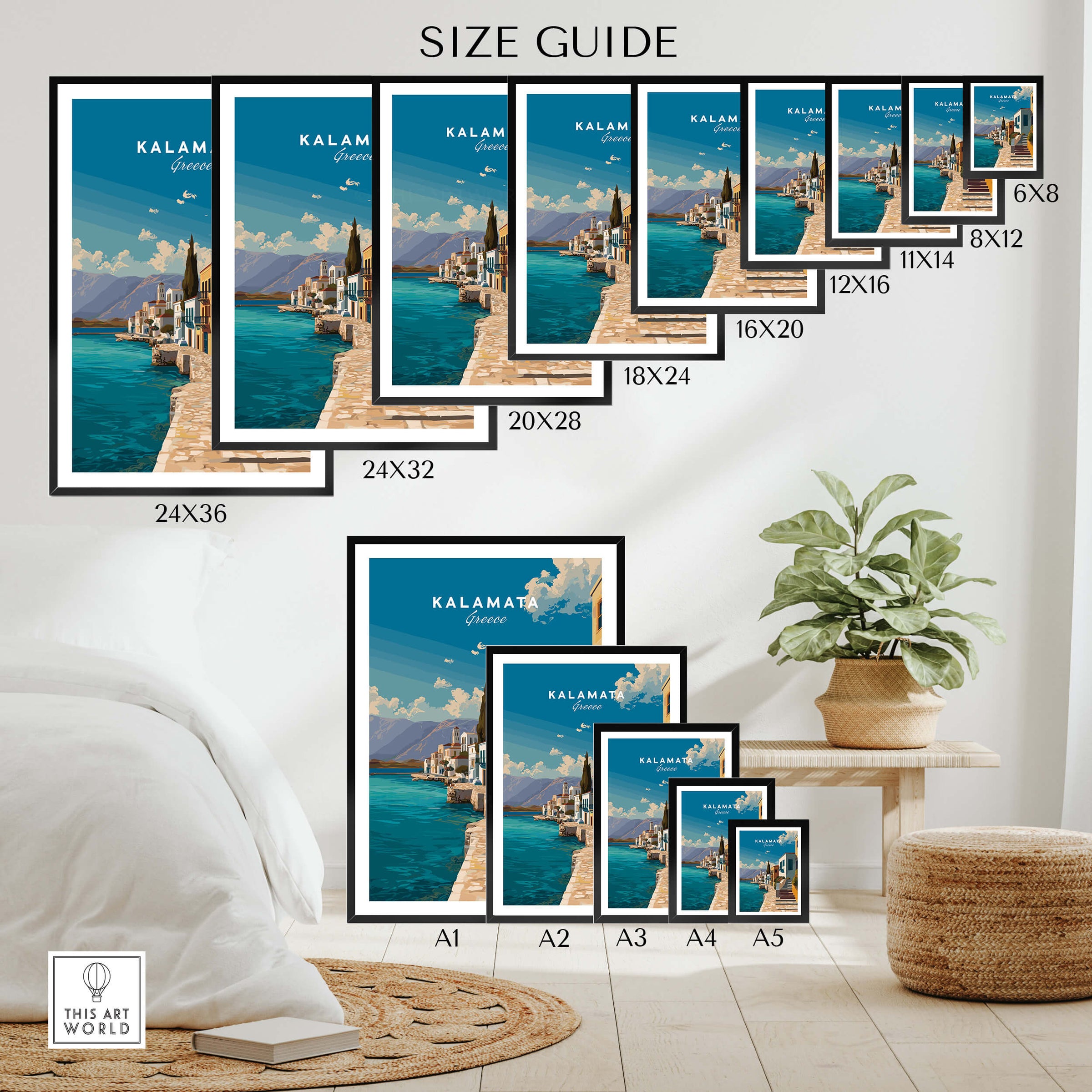 Kalamata Greece Wall Art Print | Mediterranean Seaside Town Travel Poster Size Guide showcasing print dimensions.