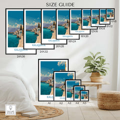 Kalamata Greece Poster | Greek Coastal Canvas Print size guide showcasing various dimensions.