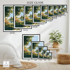 Wall art poster size guide with Kew Gardens botanical print in various frame sizes, modern home decor setting.
