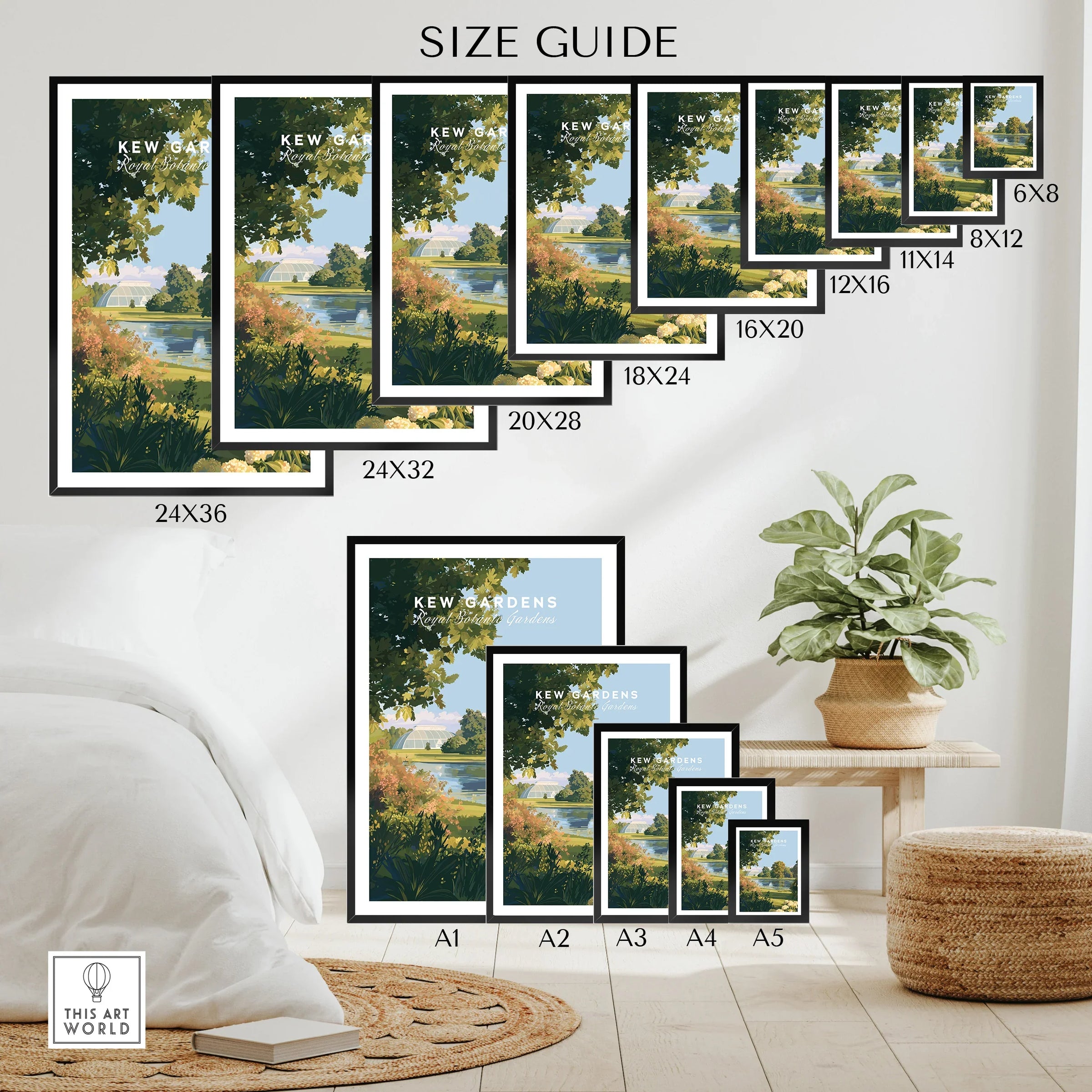Wall art poster size guide with Kew Gardens botanical print in various frame sizes, modern home decor setting.