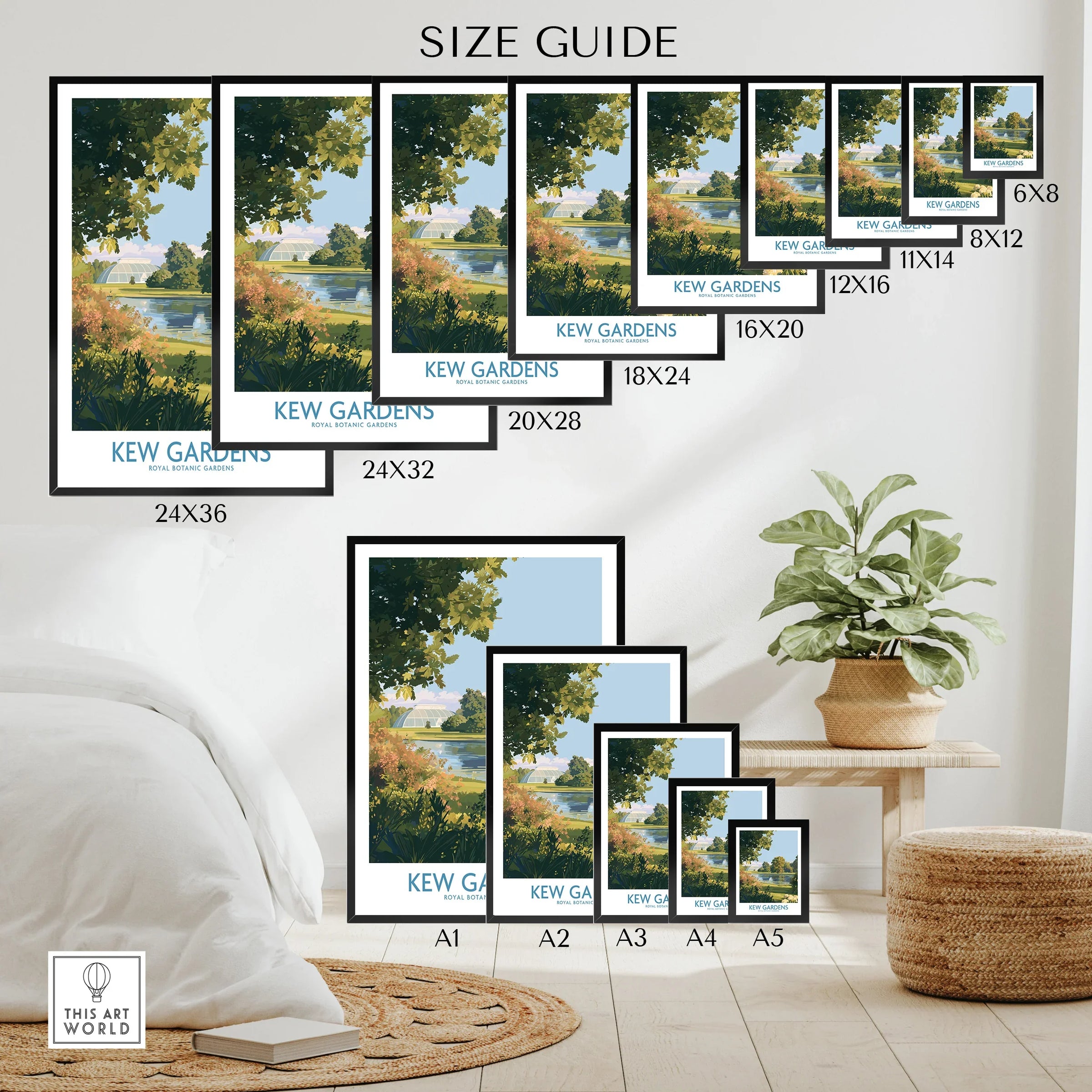 Kew Gardens wall art poster size guide with framed prints in a modern home decor setting
