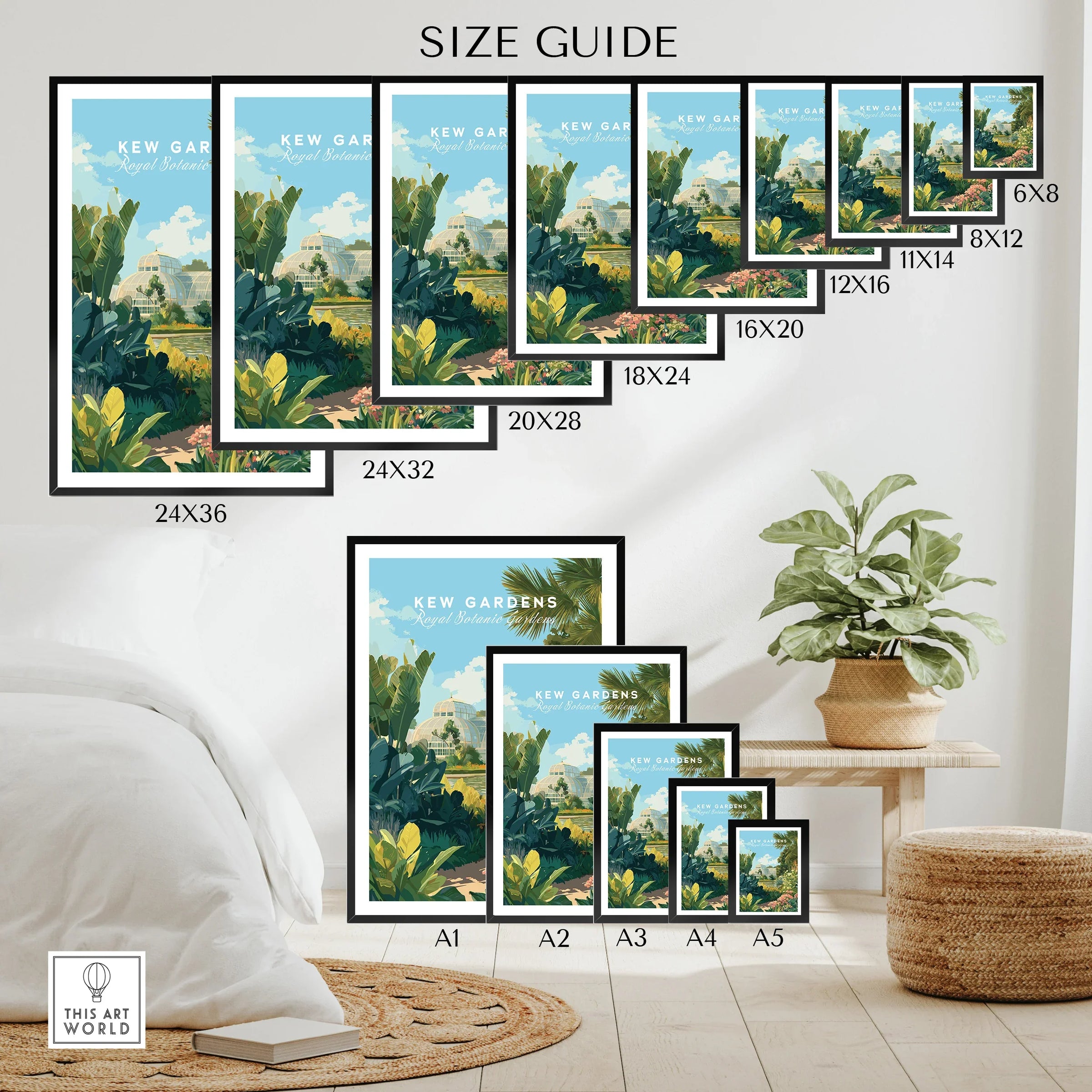 Kew Gardens wall art size guide showing botanical travel poster print options in various frame sizes in a modern home decor setting.
