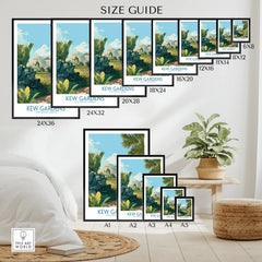 Kew Gardens travel poster wall art size guide with botanical illustration options