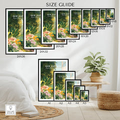 Kew Gardens botanical wall art poster size guide displayed in a modern bedroom setting.
