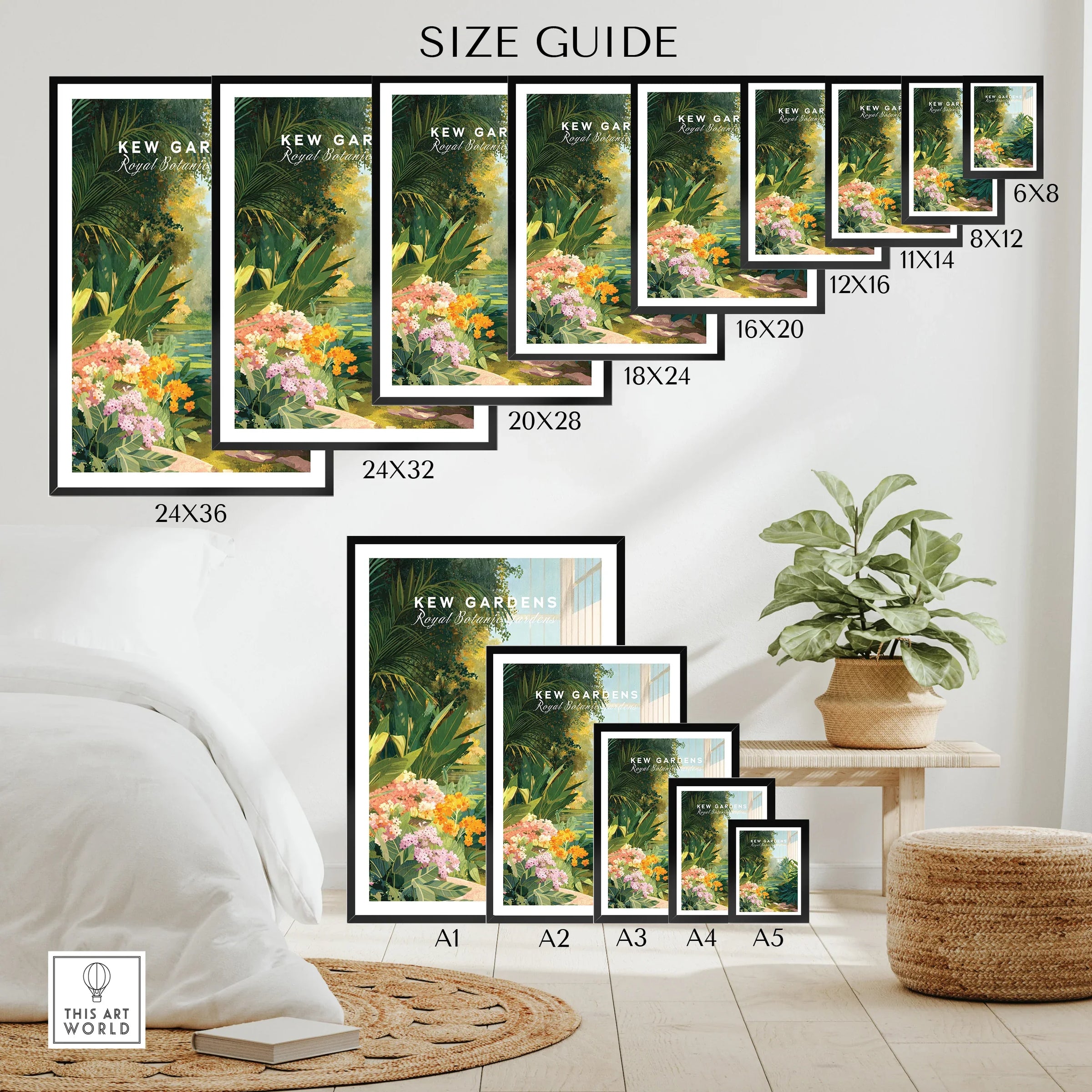 Kew Gardens botanical wall art poster size guide displayed in a modern bedroom setting.