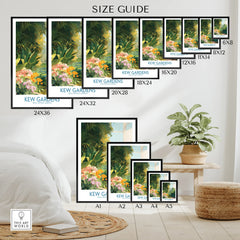 Wall art poster size guide featuring a botanical Kew Gardens print in various frame sizes.