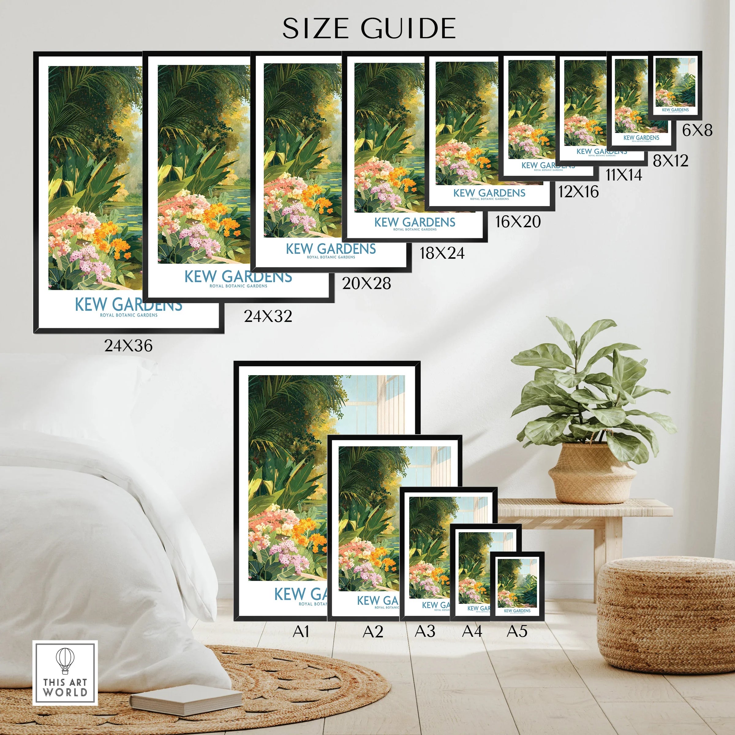 Wall art poster size guide featuring a botanical Kew Gardens print in various frame sizes.