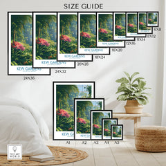 Wall art poster size guide for Kew Gardens botanical print in various frame sizes in a bedroom setting