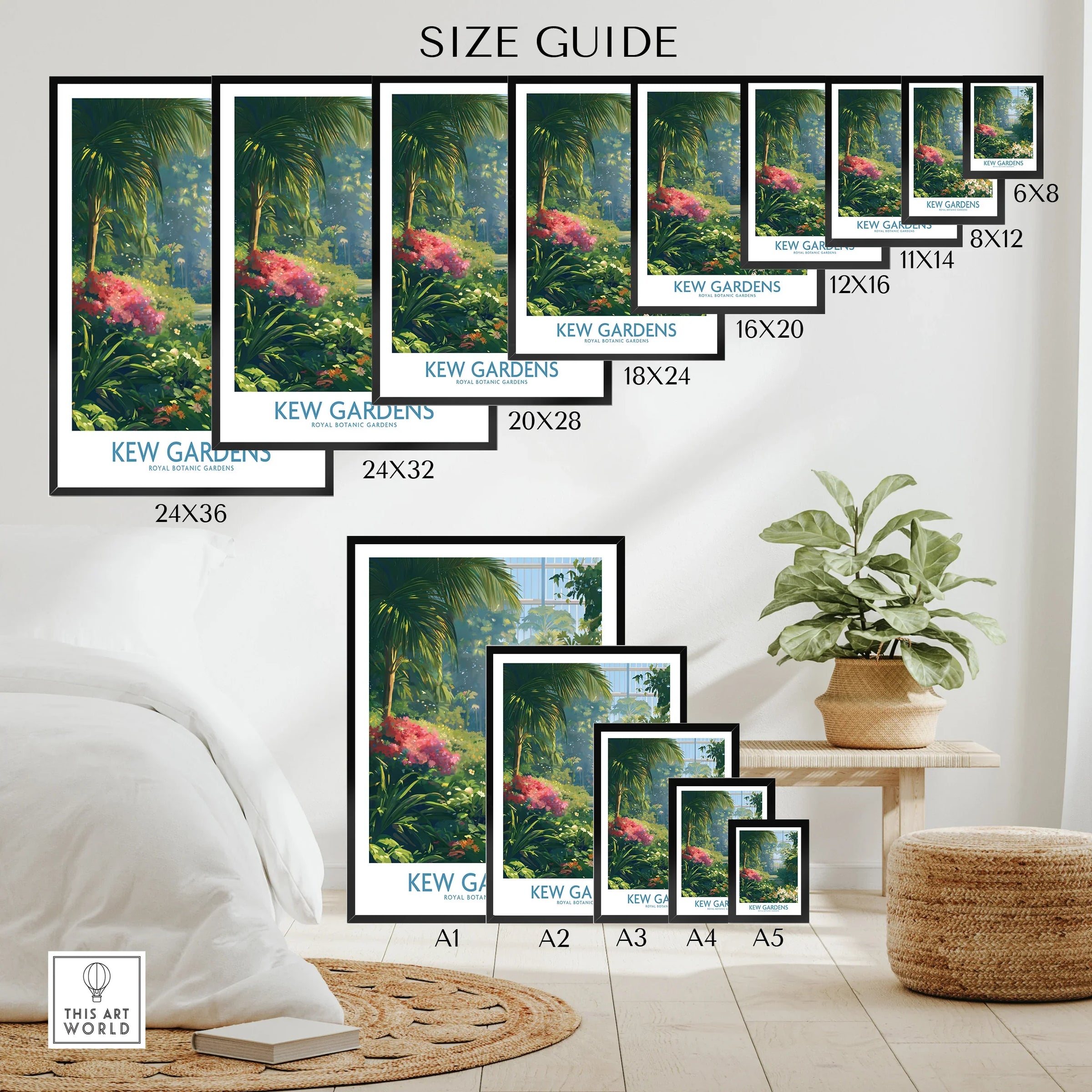 Wall art poster size guide for Kew Gardens botanical print in various frame sizes in a bedroom setting