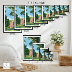 Kew Palace wall art poster size guide showing various print sizes in a modern bedroom setting.
