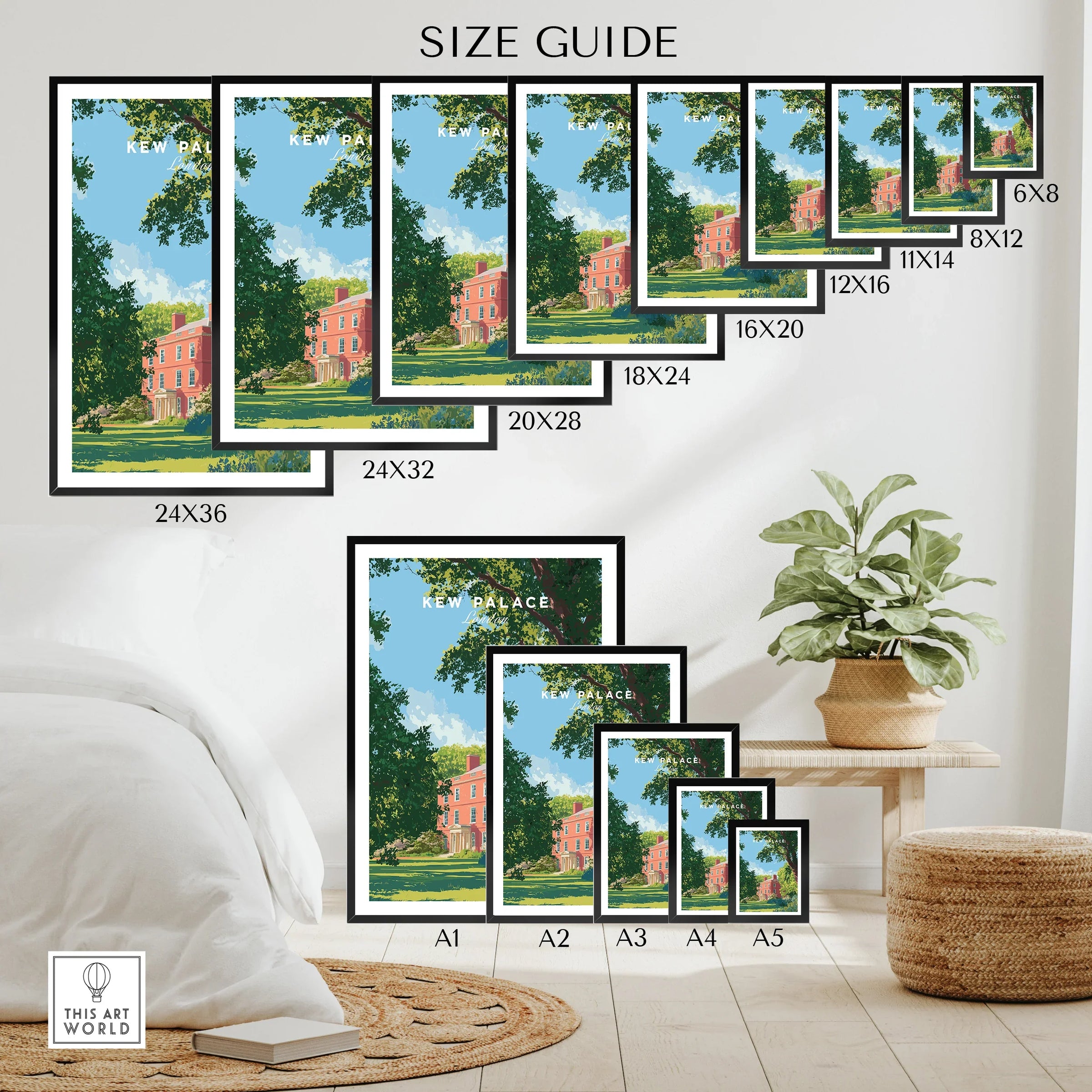 Kew Palace wall art poster size guide showing various print sizes in a modern bedroom setting.