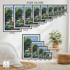 Wall art poster size guide showing Kew Palace landscape print in various frame sizes