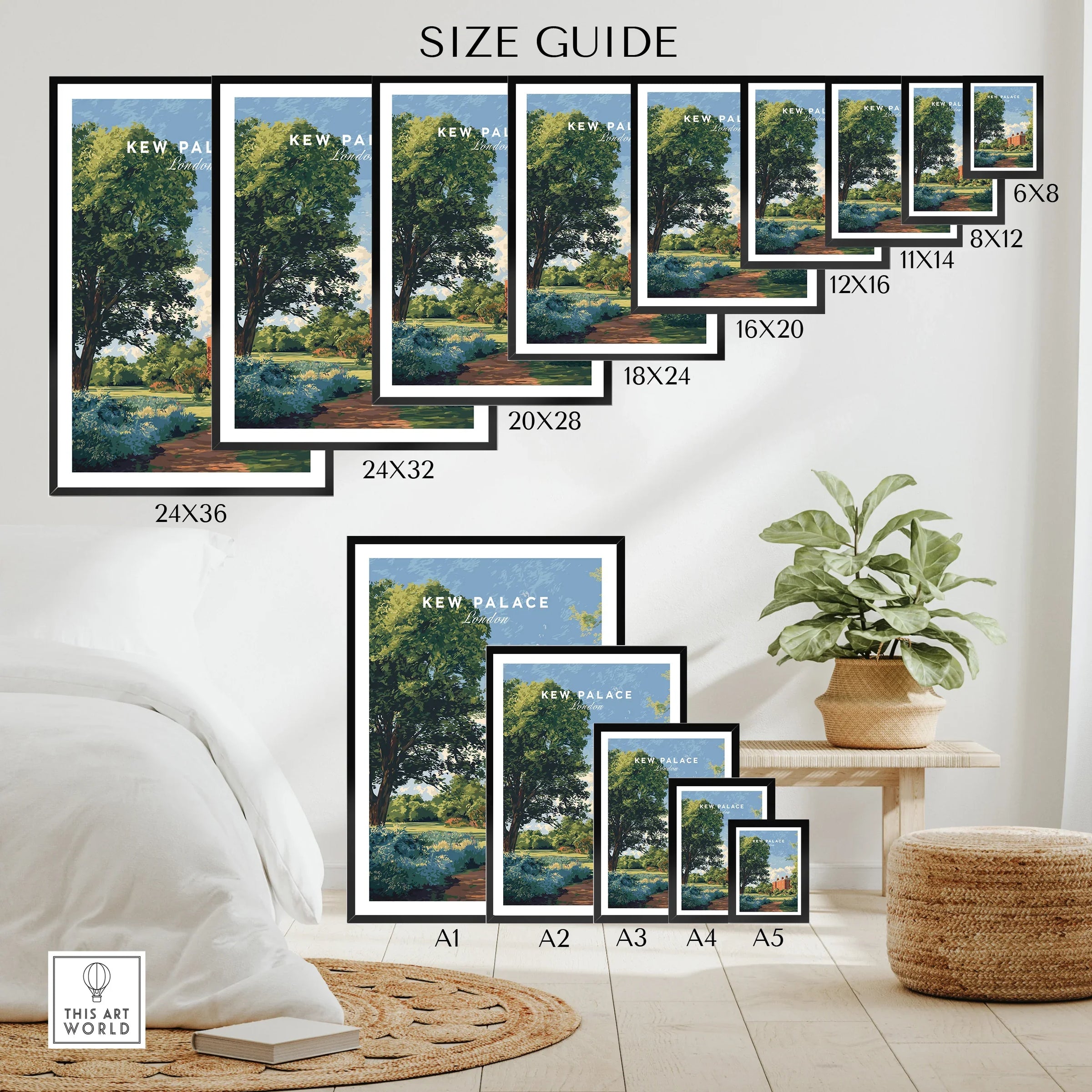 Wall art poster size guide showing Kew Palace landscape print in various frame sizes