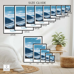 Kluane Poster National Park Canada | Snow Capped Mountains Canvas Print size guide featuring various dimensions.