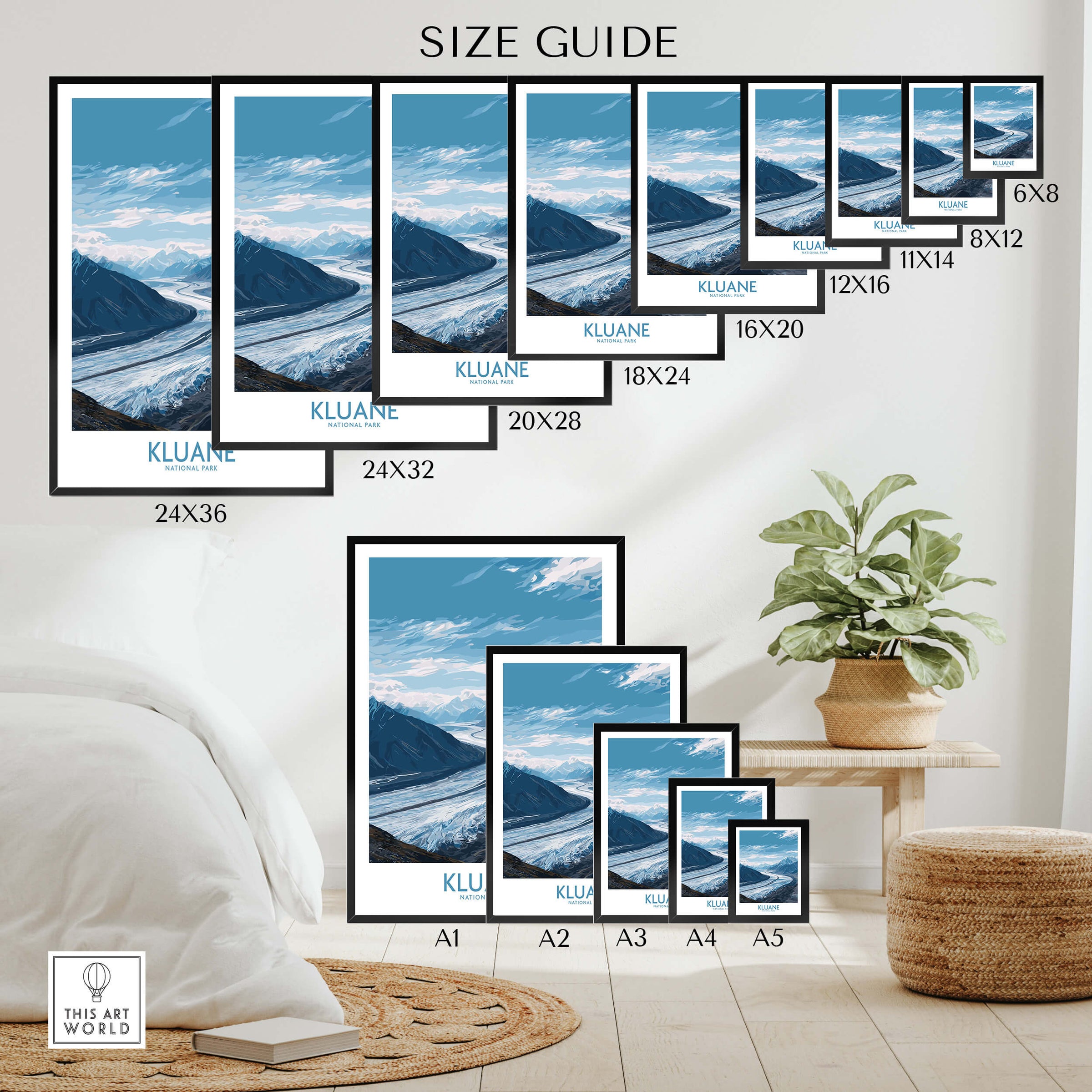 Kluane Poster National Park Canada | Snow Capped Mountains Canvas Print size guide featuring various dimensions.
