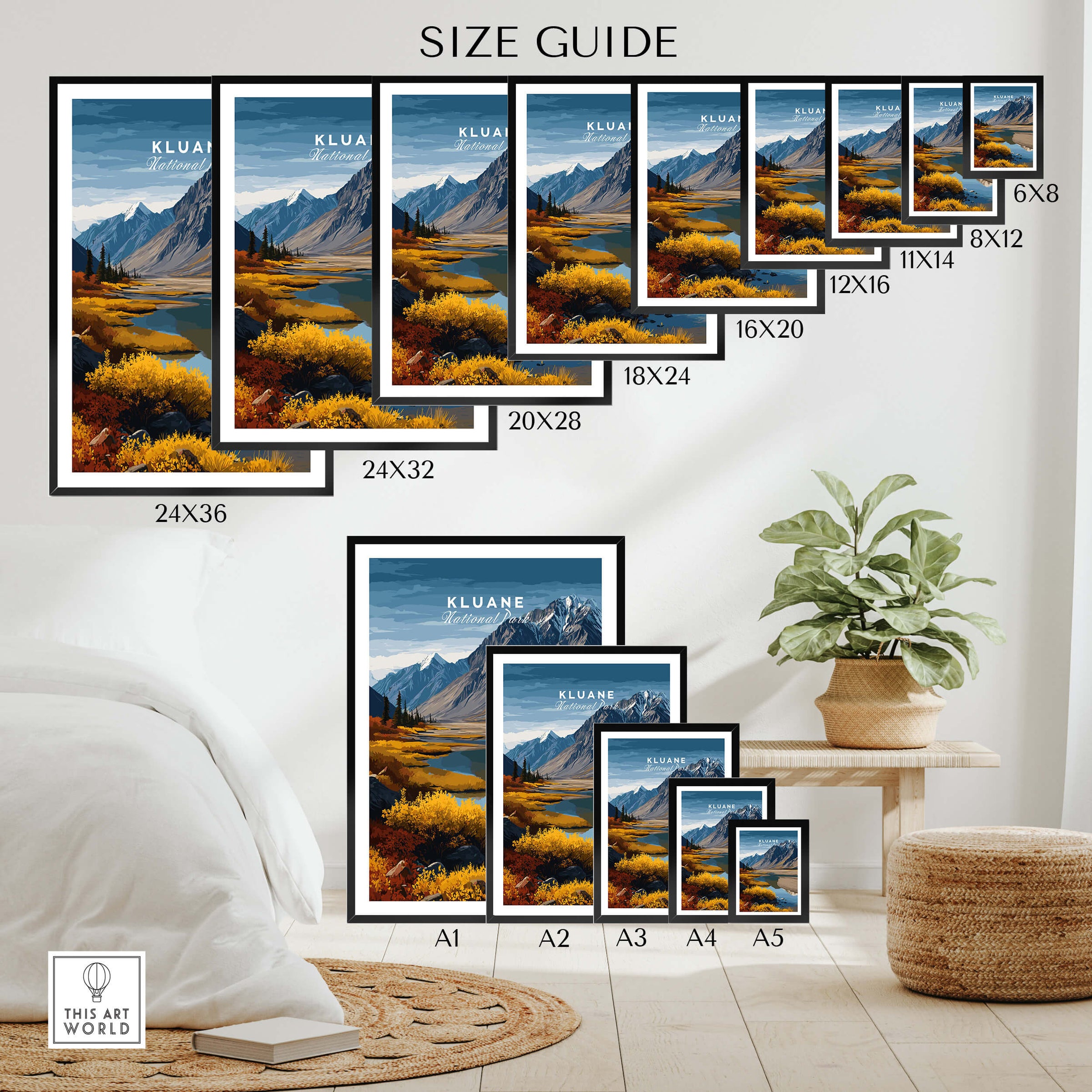 Kluane Travel Poster National Park Canada | Yukon Valley Wall Art Print size guide with various frame options.