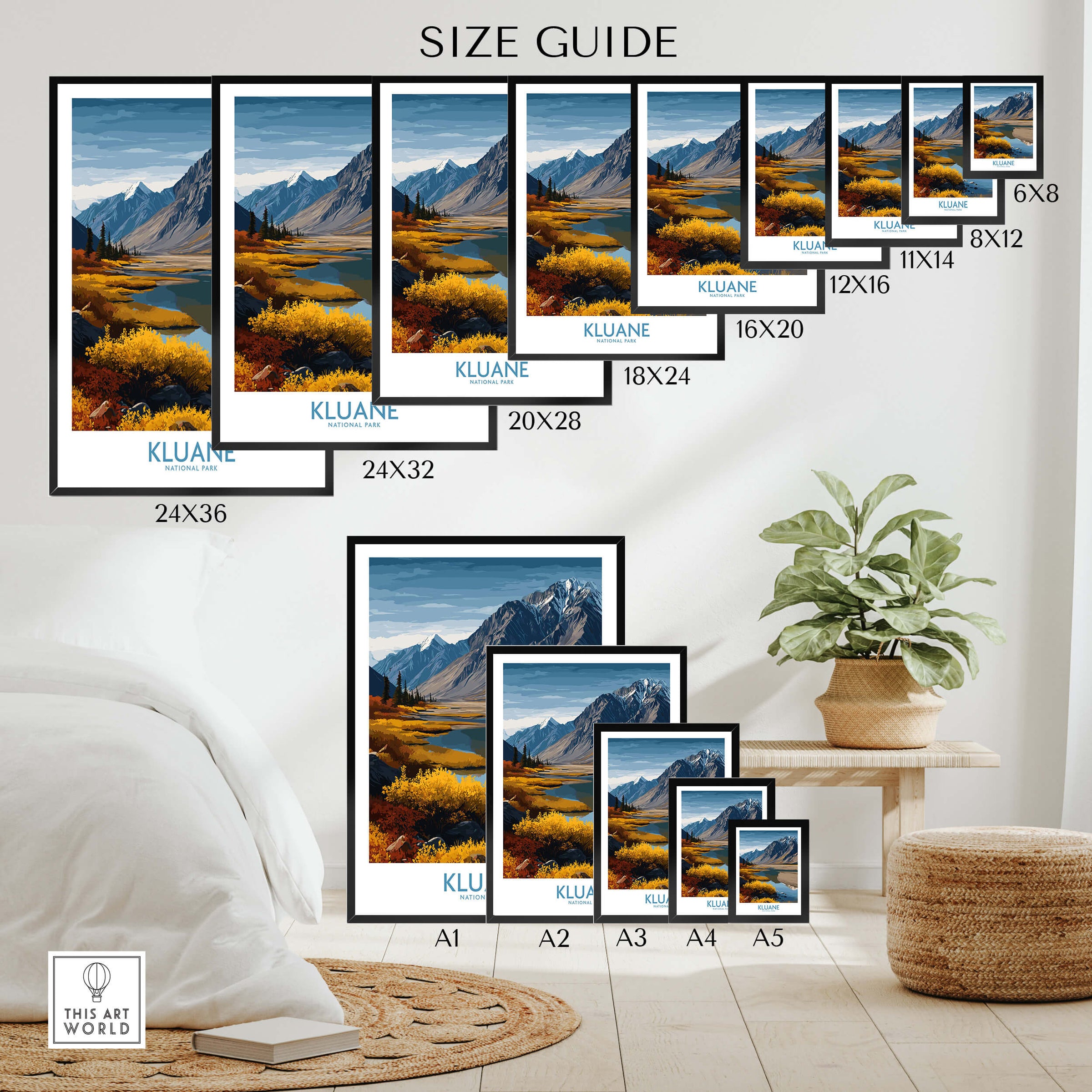 Kluane National Park Canada Canvas Print | Mountain Poster Size Guide showing various frame sizes in a home setting.