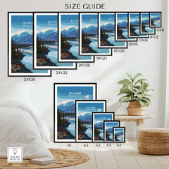 Kluane National Park Canada Wall Art Print | Scenic Yukon River Travel Poster size guide with various frame sizes.