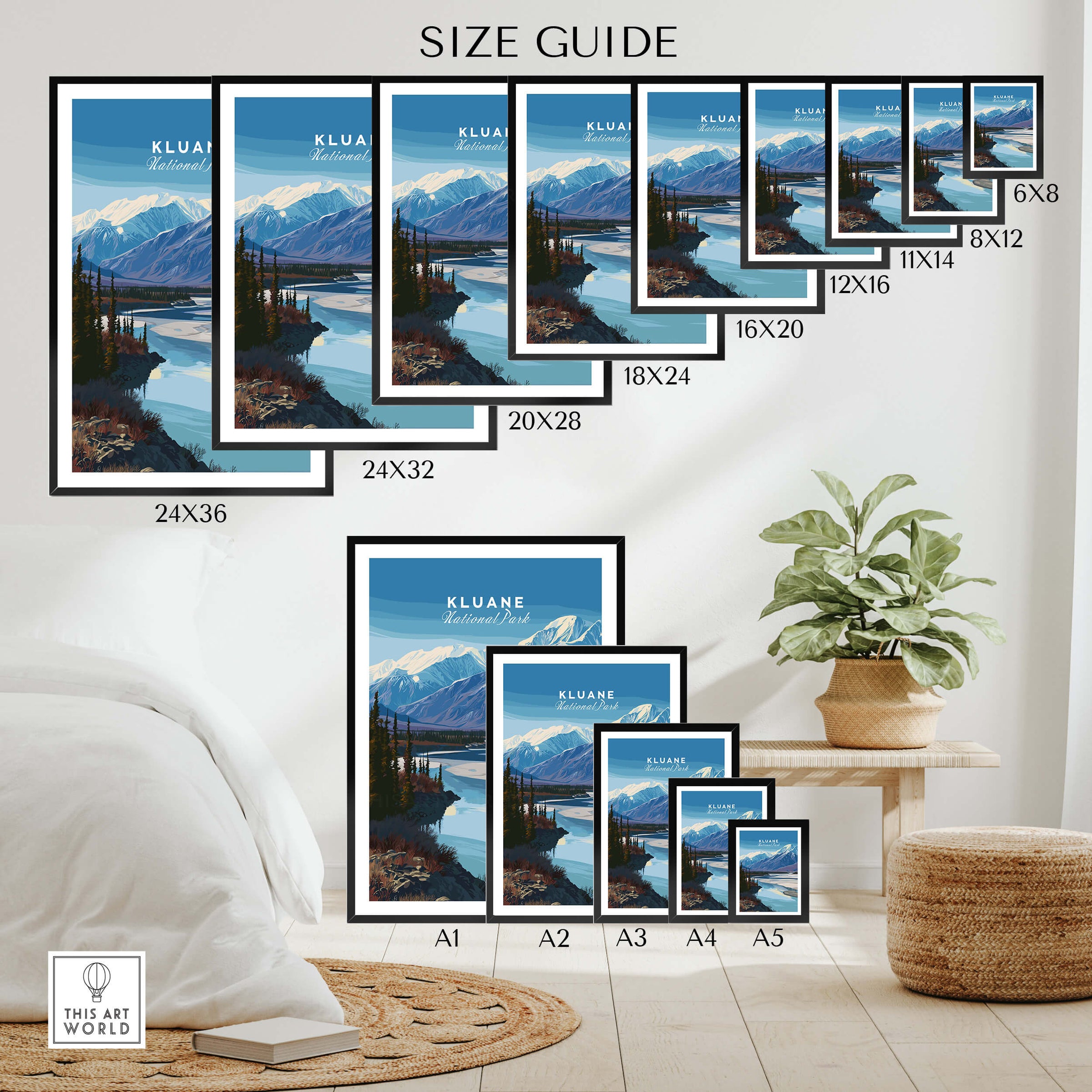 Kluane National Park Canada Wall Art Print | Scenic Yukon River Travel Poster size guide with various frame sizes.