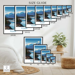 Kluane National Park Canada Poster | Blue Glacier Water Landscape Canvas Print size guide showing various print dimensions.