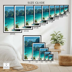 Koh Phi Phi Thailand Travel Poster | Maya Bay Tropical Beach Wall Art Print size guide with various frame dimensions displayed.