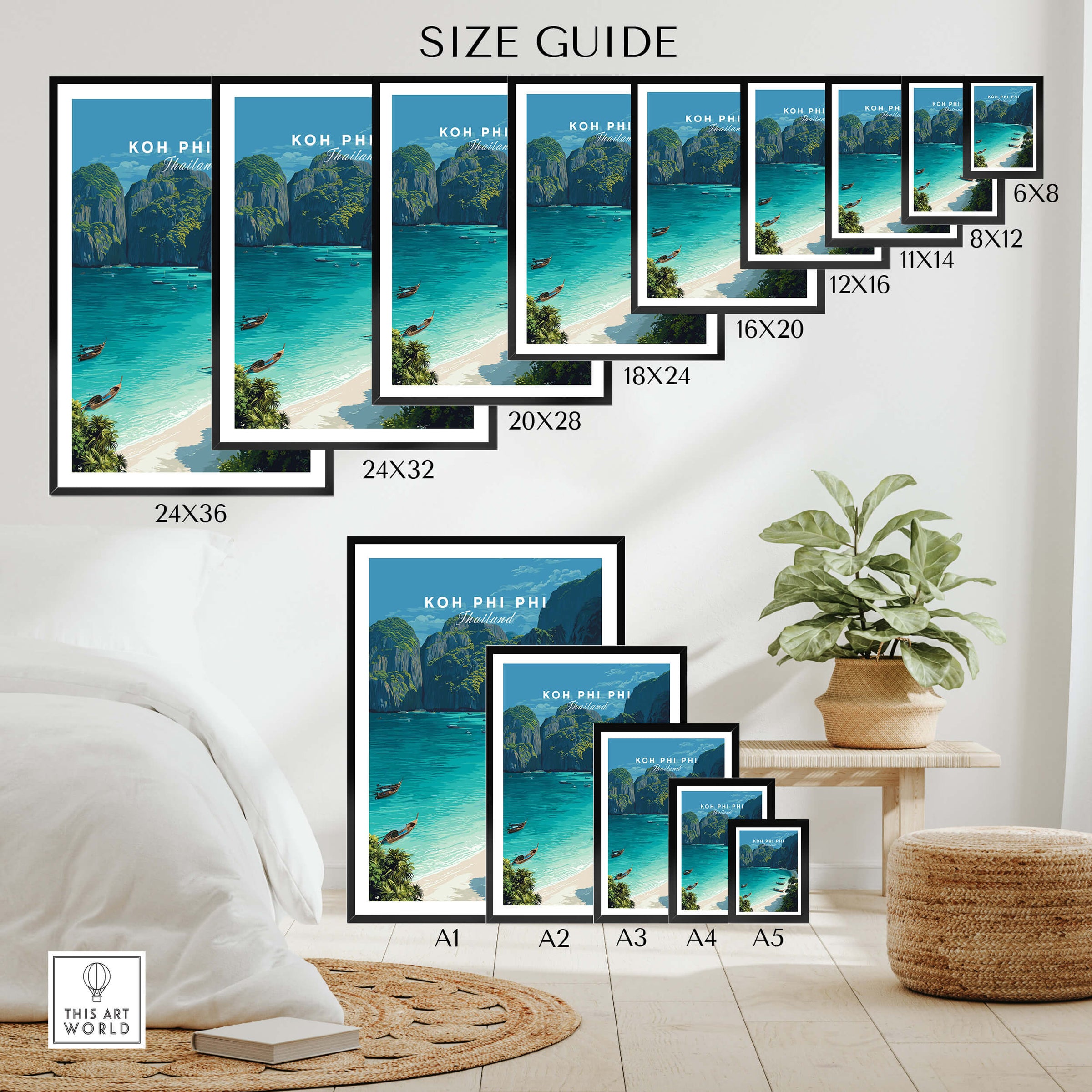 Koh Phi Phi Thailand Travel Poster | Maya Bay Tropical Beach Wall Art Print size guide with various frame dimensions displayed.