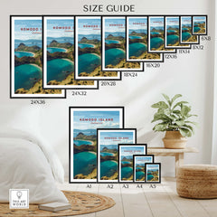 Komodo Island travel poster wall art size guide with framed prints in various dimensions, home decor setting