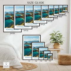 Komodo Island travel poster wall art in multiple sizes, size guide layout, modern home decor.