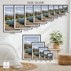 Wall art poster size guide for Komodo Island travel print, various frame sizes shown in modern home decor setting.