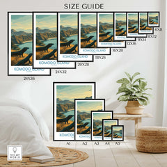 Wall art poster size guide showing Komodo Island travel print with scenic mountains and a Komodo dragon in a stylish home decor setting.