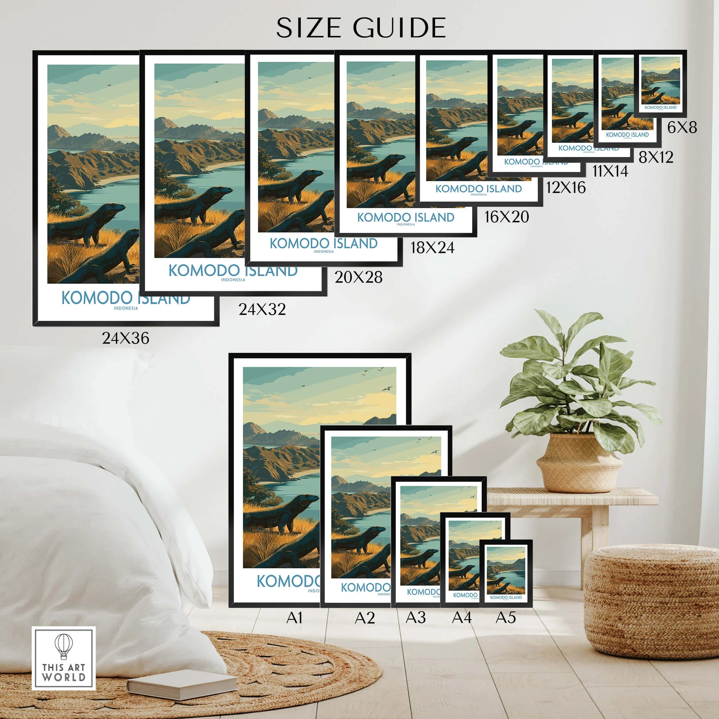 Wall art poster size guide showing Komodo Island travel print with scenic mountains and a Komodo dragon in a stylish home decor setting.
