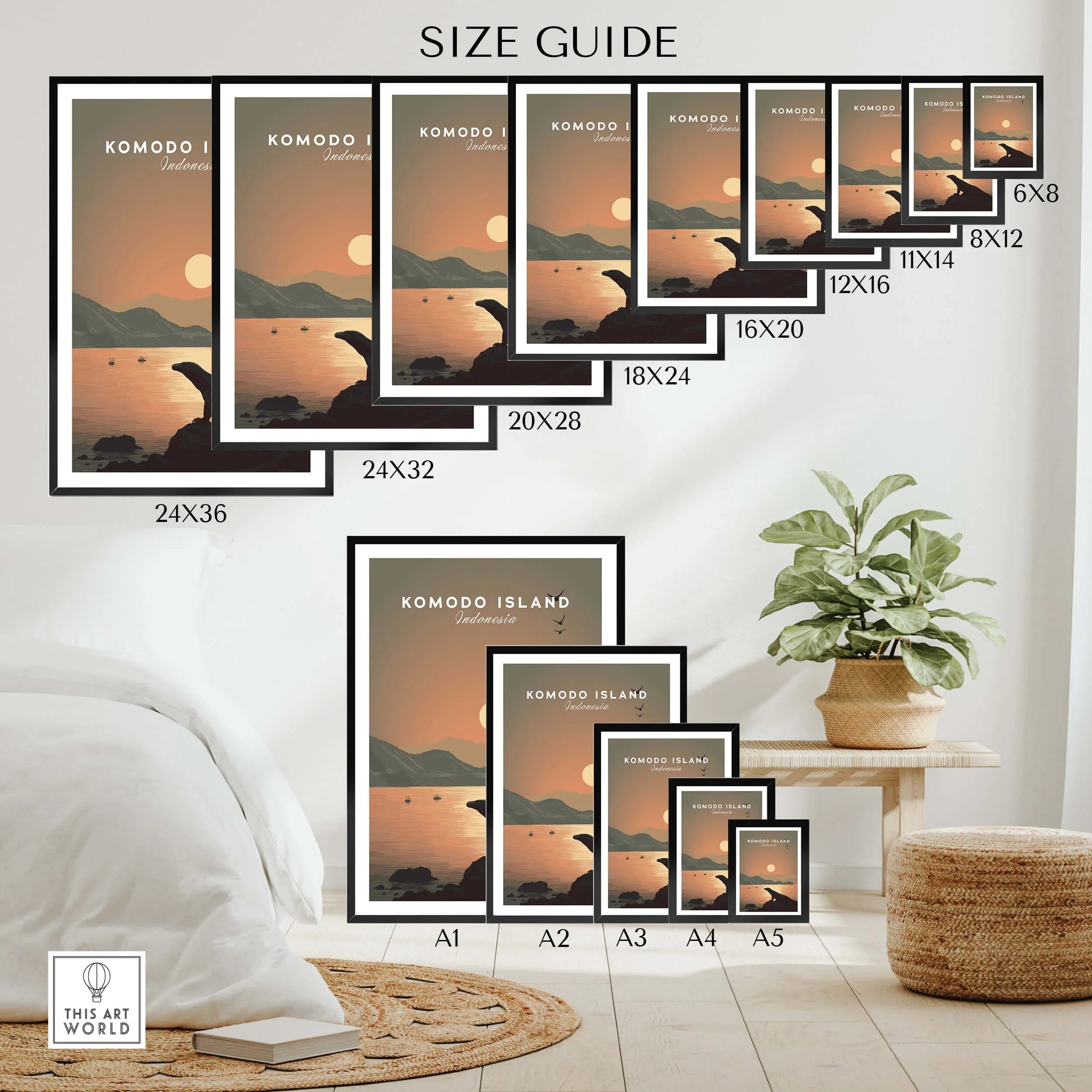 Komodo Island sunset wall art poster size guide with various print dimensions in modern room.