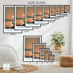 Komodo Island wall art poster size guide with sunset mountain landscape in various print sizes