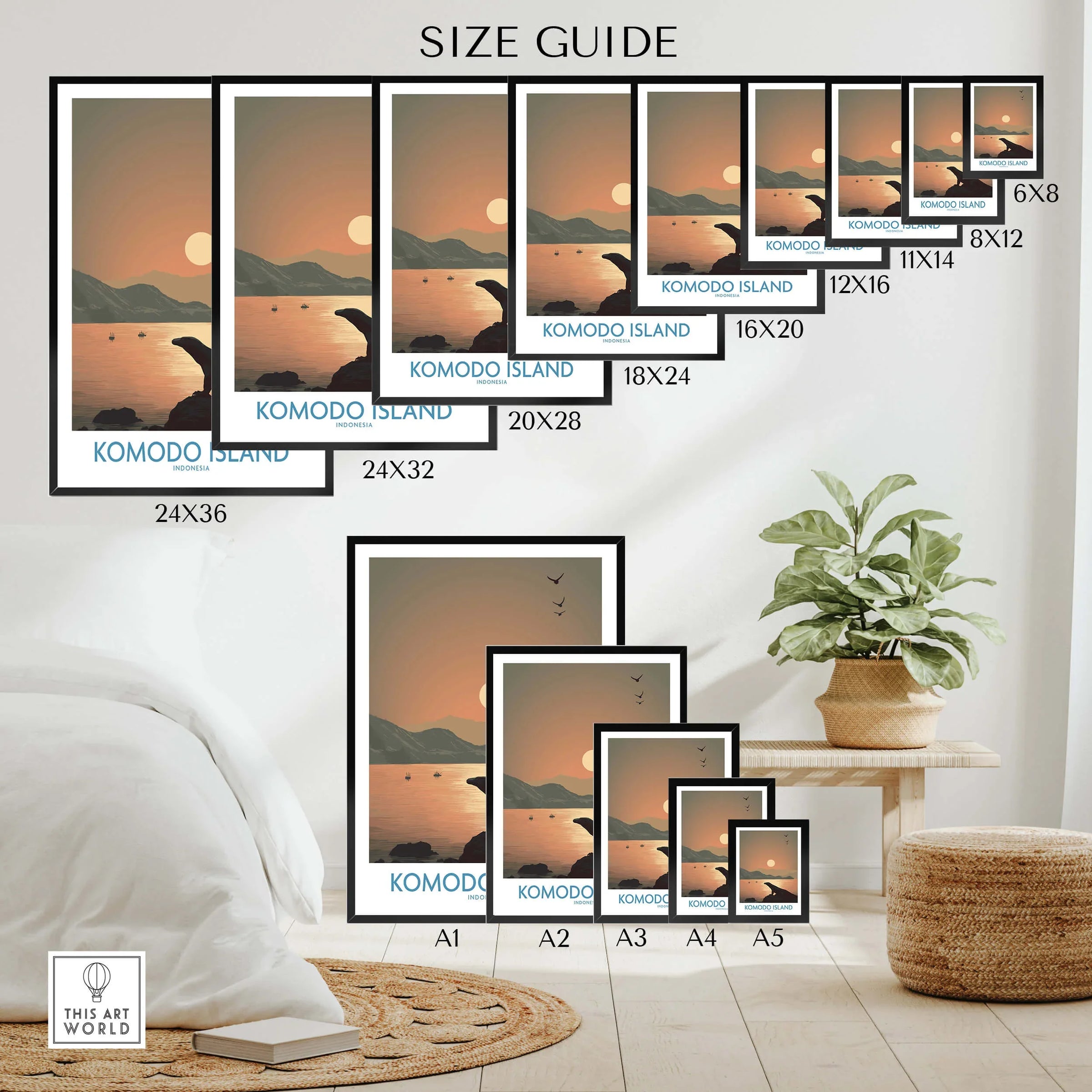 Komodo Island wall art poster size guide with sunset mountain landscape in various print sizes