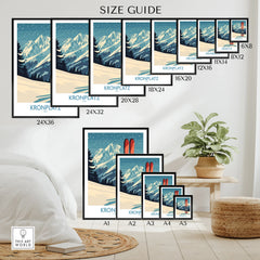 Kronplatz Italy ski mountain travel poster size guide displayed on bedroom wall with plant decor