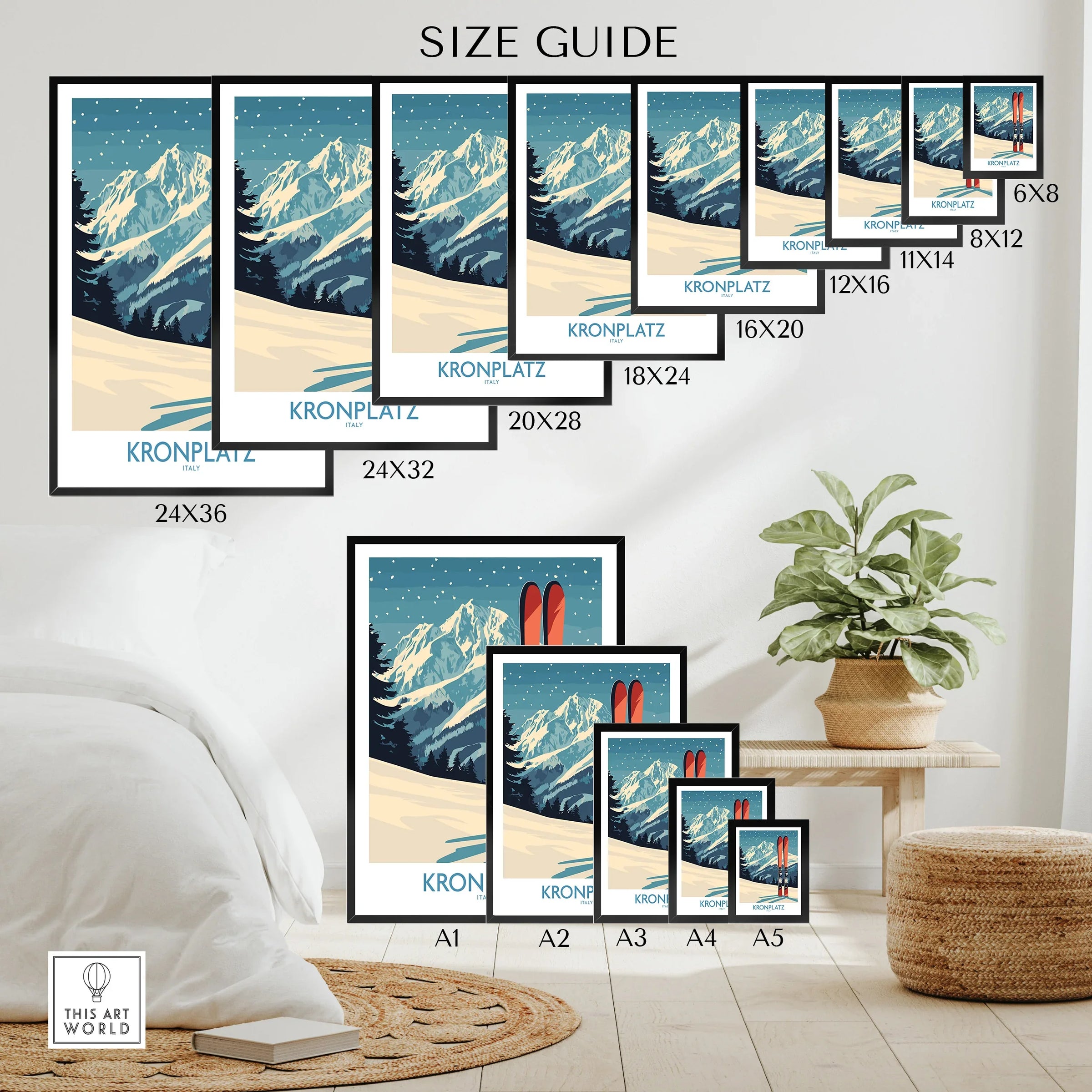 Kronplatz Italy ski mountain travel poster size guide displayed on bedroom wall with plant decor