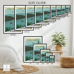 Lake Tahoe travel poster wall art size guide, various print sizes displayed in modern decor
