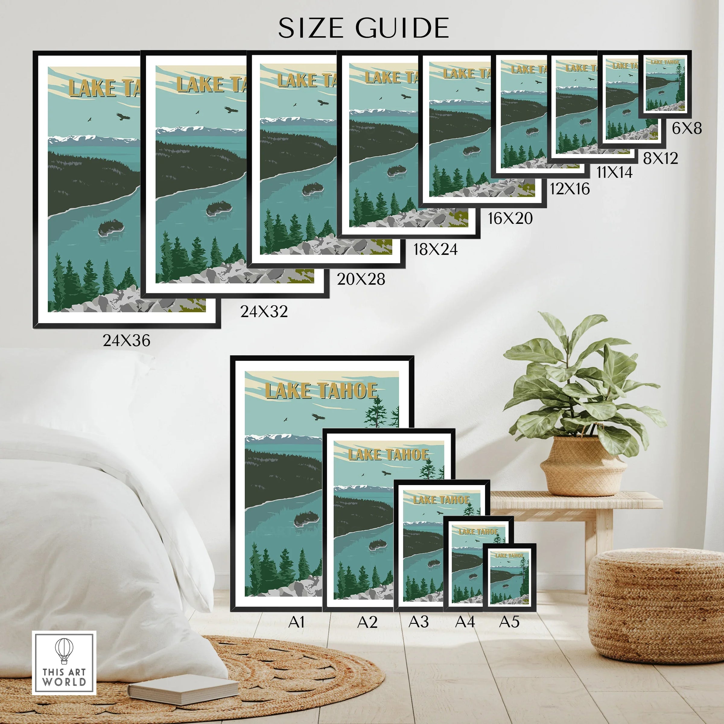 Lake Tahoe travel poster wall art size guide, various print sizes displayed in modern decor