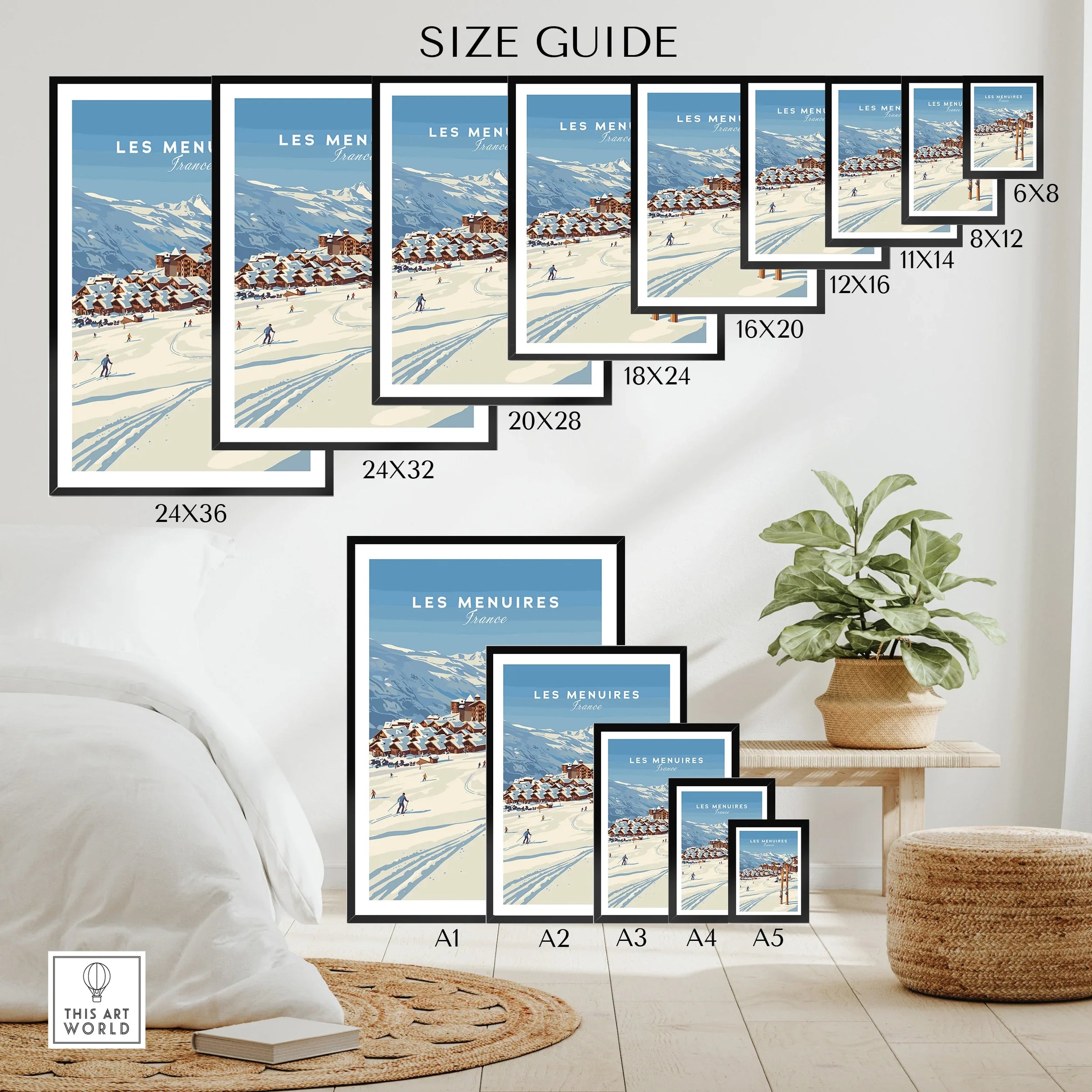 Les Menuires France travel poster wall art size guide with snowy ski resort illustration
