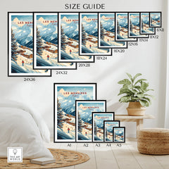 Les Menuires travel poster wall art size guide with snowy mountain scene in modern home decor setting.
