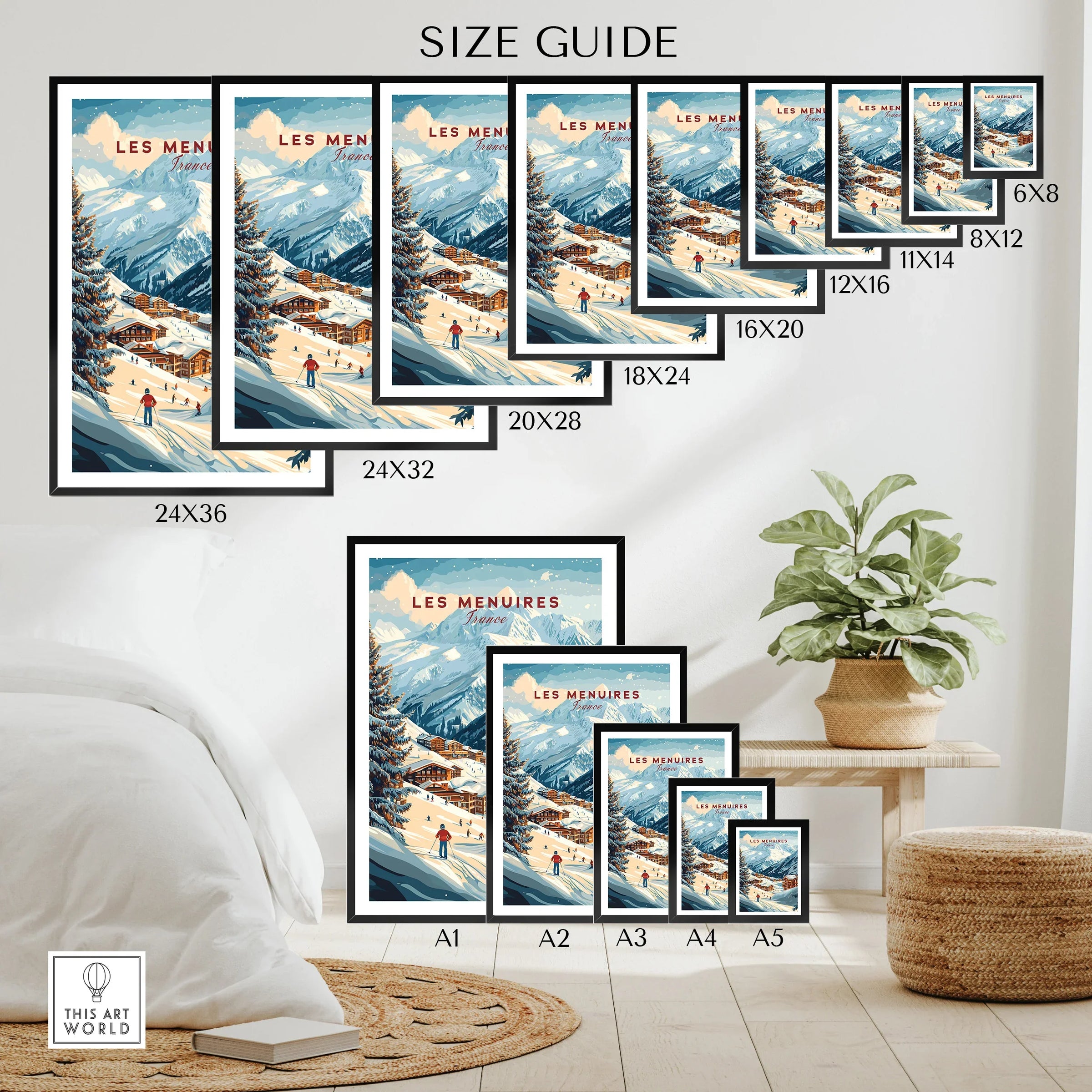 Les Menuires travel poster wall art size guide with snowy mountain scene in modern home decor setting.
