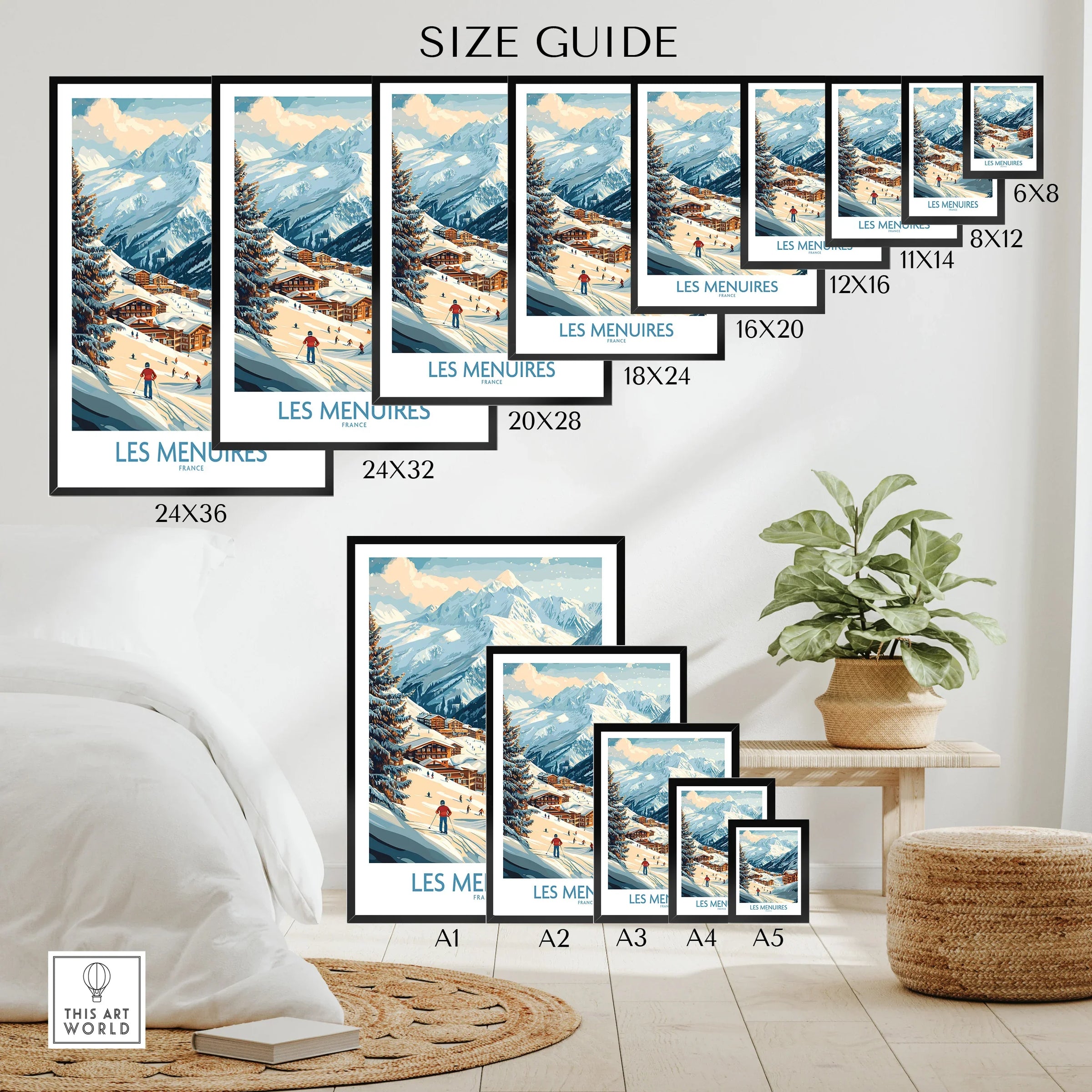 Les Menuires ski resort travel poster size guide, various print sizes displayed on a wall above a bed and plant, snowy mountain landscape artwork.