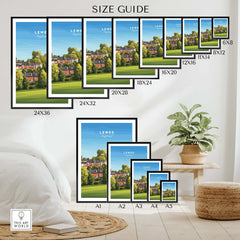 Wall art poster size guide featuring Lewes, England travel print in various frame sizes.