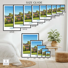 Lewes England travel wall art poster size guide with various print sizes displayed in a modern home decor setting.